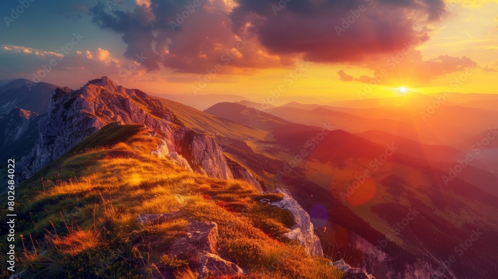 A vibrant sunset over a picturesque mountain landscape showcasing the beauty of nature..