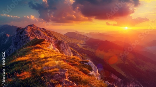 A vibrant sunset over a picturesque mountain landscape showcasing the beauty of nature.. © Justlight