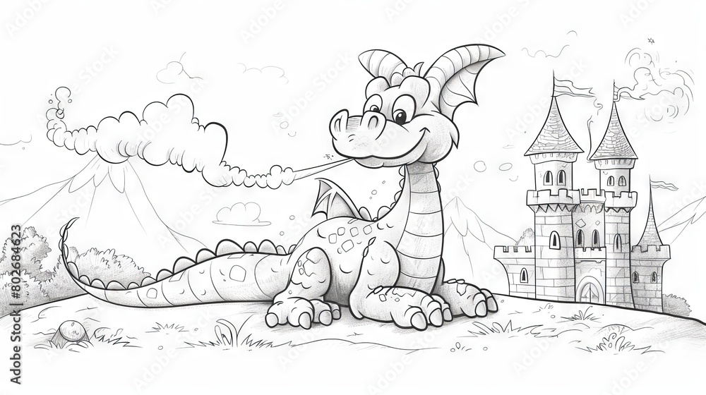 Coloring page for a cute cartoon dragon blows smoke near the castle.
