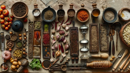 A collection of exotic spices and cooking utensils, inspiring culinary creativity and gastronomic delight