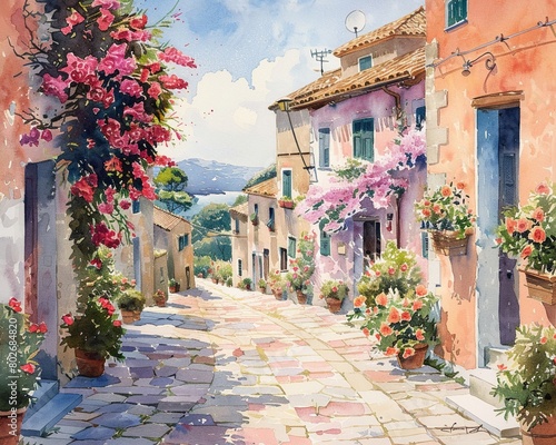 A watercolor illustration of a quaint village street, with colorful buildings and charming background elements