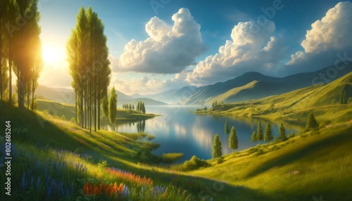 A serene and picturesque landscape in 16_9 ratio. photo