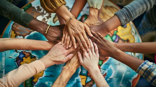 hands together with different colorful skin and grasping the earth, international friendship day. photo