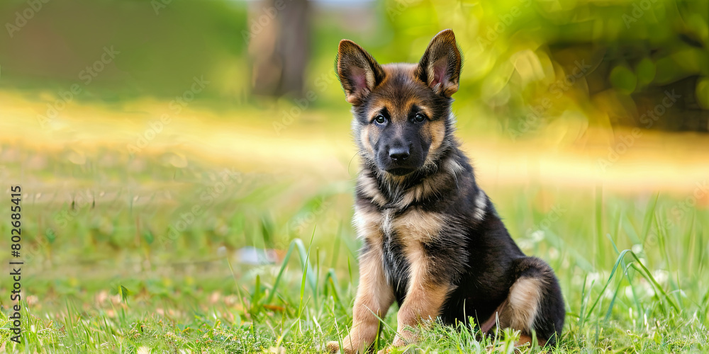 cute German Shepherd puppy sitting on the grass, generative AI cute German Shepherd puppy sitting on the grass, generative AI