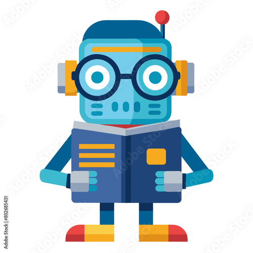 A robot with glasses and a book