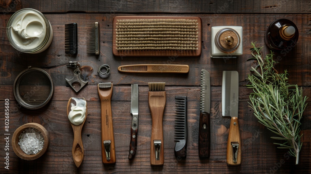 A selection of grooming tools, including a comb, razor, and shaving cream, for maintaining a polished appearance
