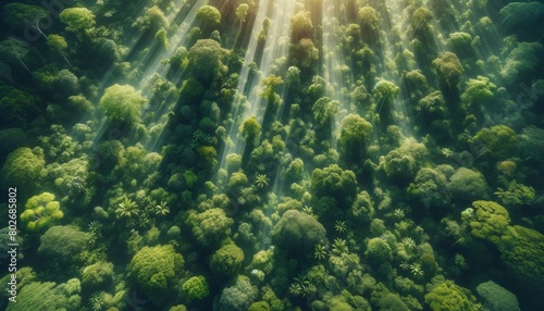 A detailed aerial view of a lush green rainforest canopy with the sunlight casting dappled light  creating a pattern similar to the veins in marble.