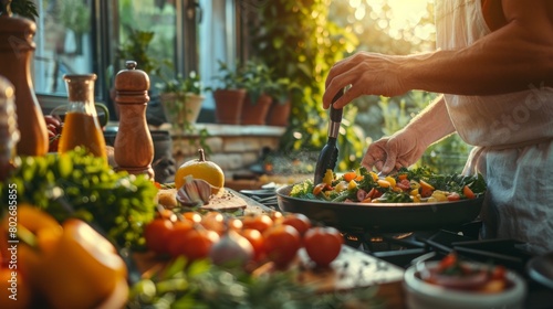 chef preparing a nutritious meal with fresh ingredients in a sunlit kitchen, promoting wholesome eating habits. photo