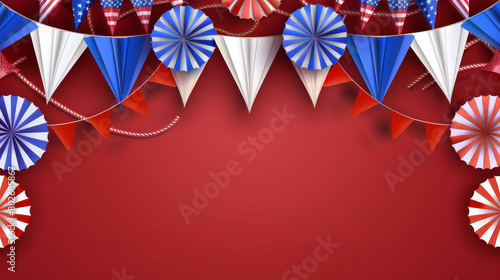 patriotic bunting and rosettes on red background photo
