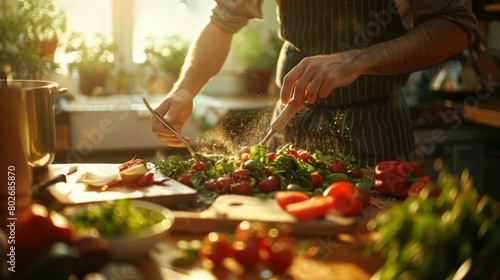chef preparing a nutritious meal with fresh ingredients in a sunlit kitchen, promoting wholesome eating habits. photo