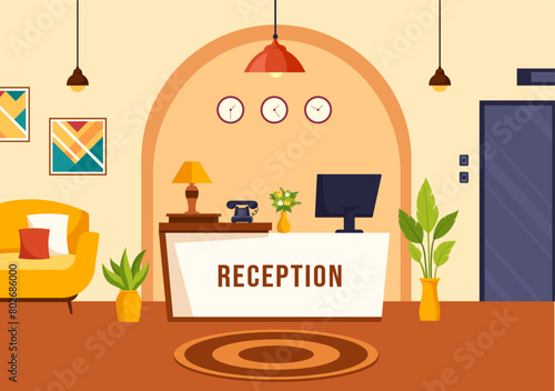 Hotel Reception Interior Vector Illustration with Receptionist People and Travelers for Booking in Flat Cartoon Background