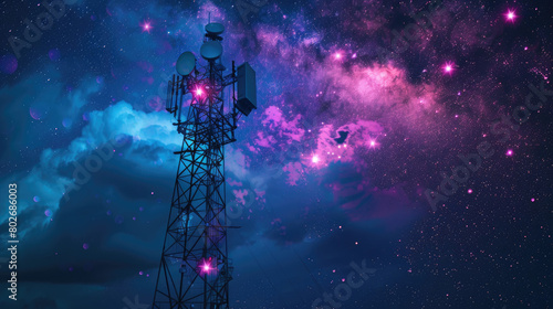 telecommunication infrastructure device, technology, future, in dark blue and lilac colors