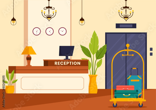 Hotel Reception Interior Vector Illustration with Receptionist People and Travelers for Booking in Flat Cartoon Background