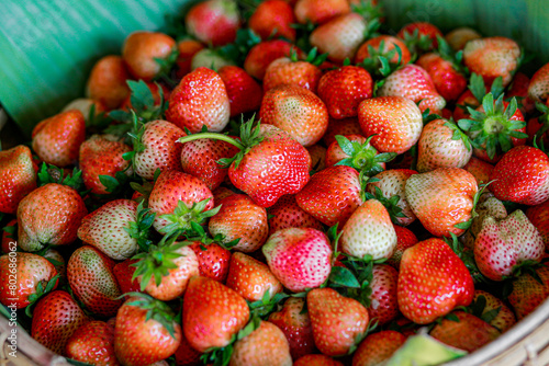 The basket contains fresh strawberries, which are organic fruits.