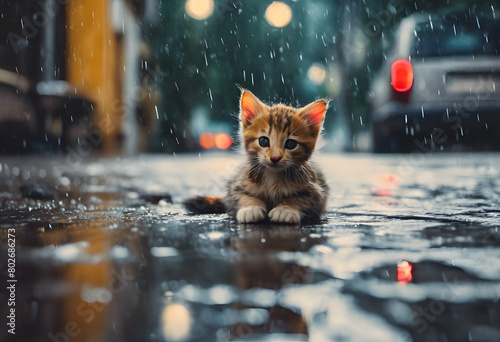 A small orange kitten sits on a wet street in the rain, with blurred city lights in the background. International Cat Day.