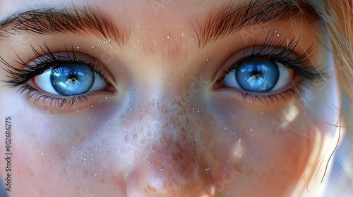 Mesmerizing close-up portrait: beautiful girl with stunning blue eyes, gorgeous eyelashes, and defined eyebrows - high-quality stock image photo