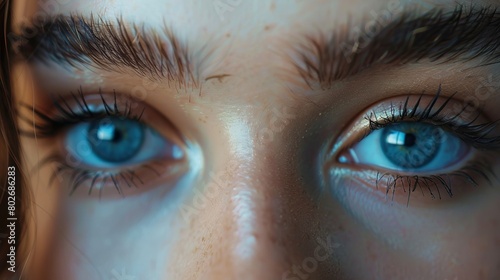 Mesmerizing close-up portrait: beautiful girl with stunning blue eyes, gorgeous eyelashes, and defined eyebrows - high-quality stock image photo