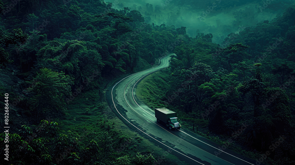 The adventure of a green truck on a sprawling road, meandering through a dense
