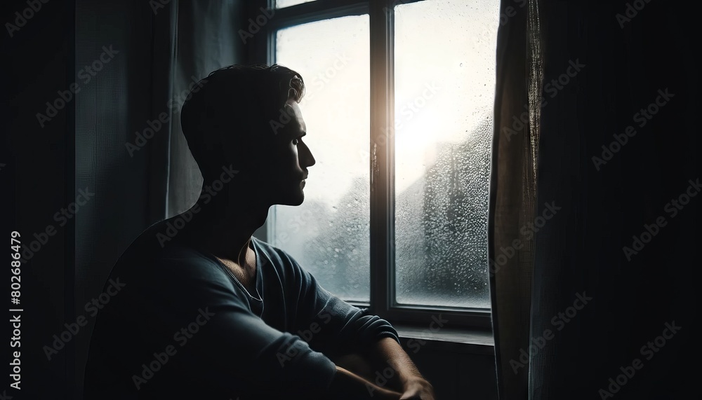 A man staring out of a rain-spattered window, light creating a thoughtful silhouette against the grey sky.