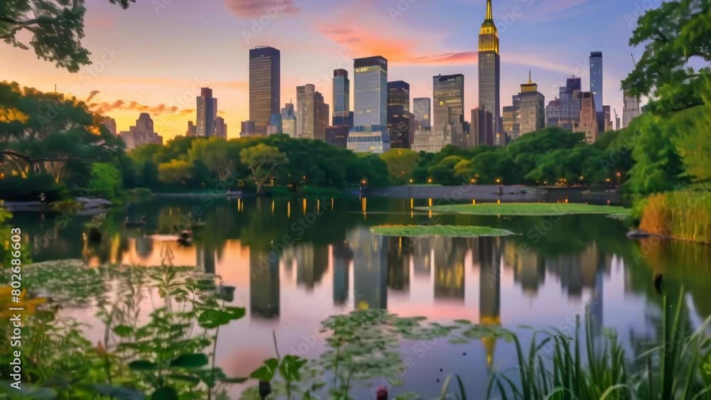 Manhattan skyline at sunset, with illuminated skyscrapers towering over Central Park's lush green trees and calm lake, reflecting the warm colors of the dramatic sky.
Manhattan skyline at sunset, with illuminated skyscrapers towering over Central Park's lush green trees and calm lake, reflecting the warm colors of the dramatic sky.