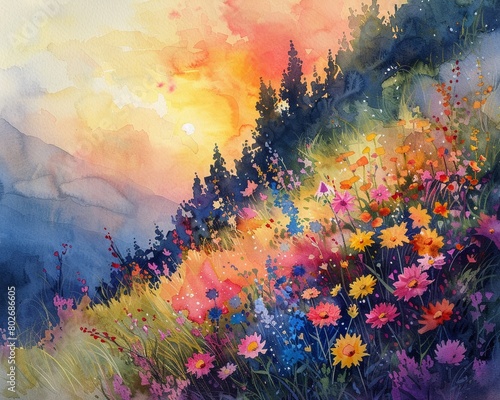 A watercolor painting of a sunrise over a flowercovered hill  with vibrant colors blending into a soft  natural background