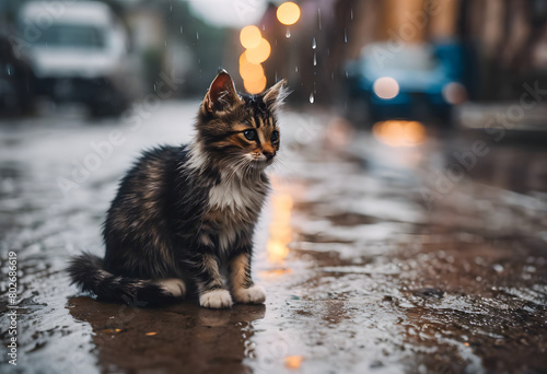 A wet, long-haired tabby kitten sitting on a rainy street with blurred lights in the background. International Cat Day.