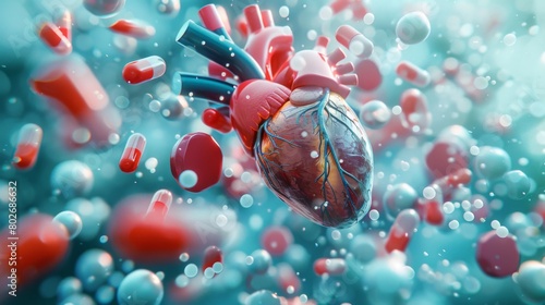 3D rendering image depicting comprehensive management strategies for patients with heart disease, including medication adherence, lifestyle modifications, and cardiac rehabilitation programs