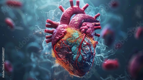 3D rendering image illustrating common risk factors associated with heart disease, including high blood pressure, high cholesterol, smoking, and obesity photo