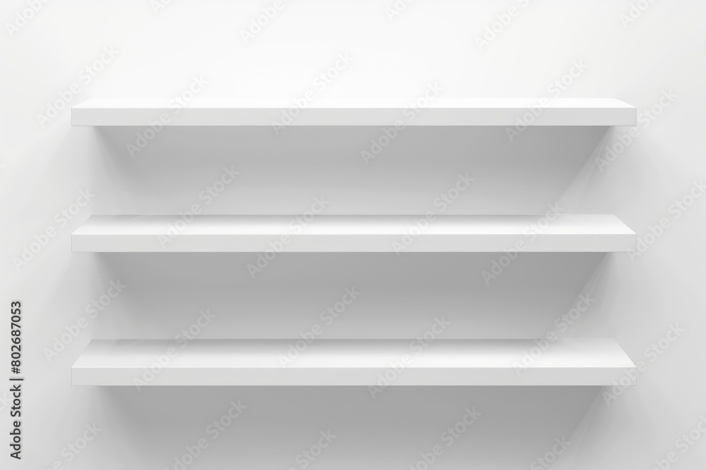 Three minimalist white shelves mounted on a white wall, creating a clean and modern design Three minimalist white shelves mounted on a white wall, creating a clean and modern design