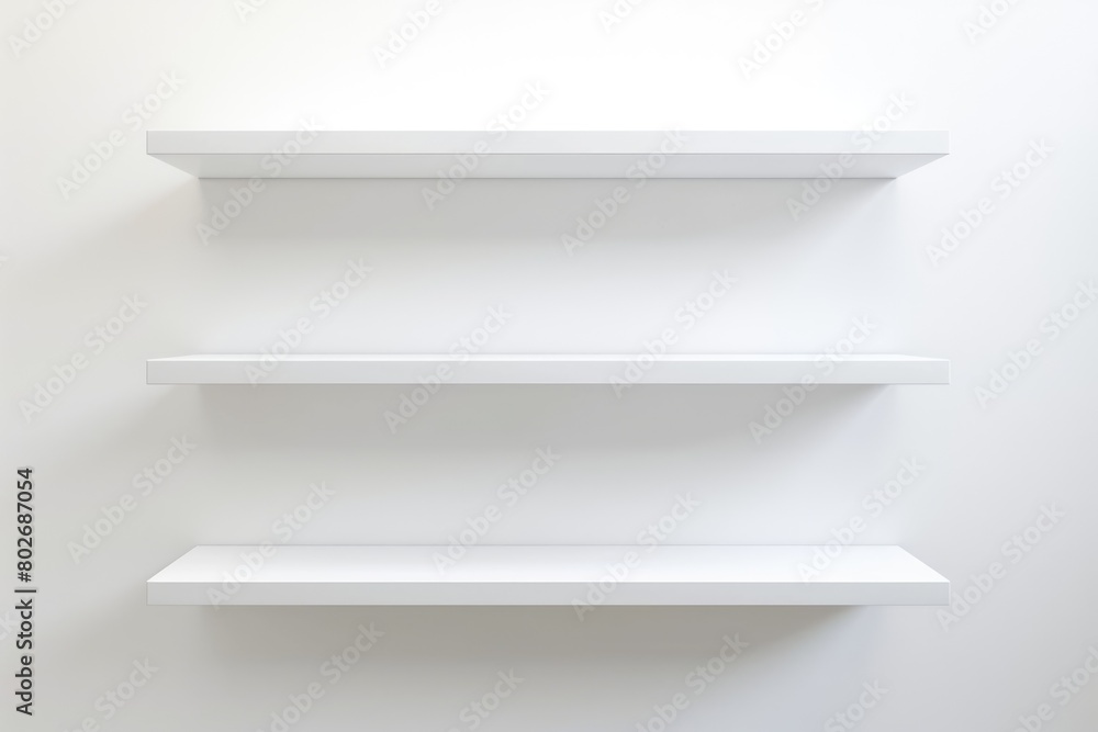 Three white shelves mounted on a wall in a room Three white shelves mounted on a wall in a room