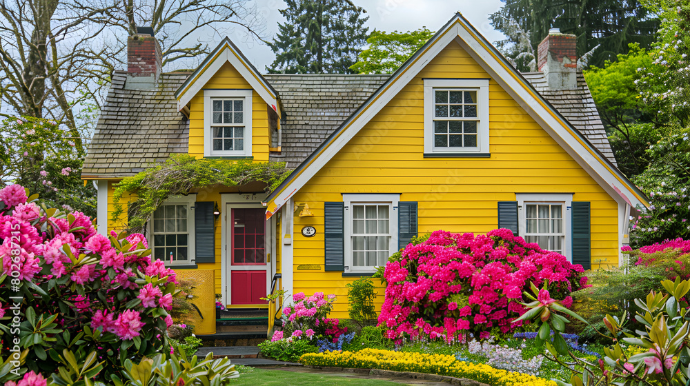 Small Yellow house exterior with White picket fence and Decorative Gate,cozy house exterior, with blooming garden and bird feeders visible, Charming Suburban Home:  yellow Traditional Siding
