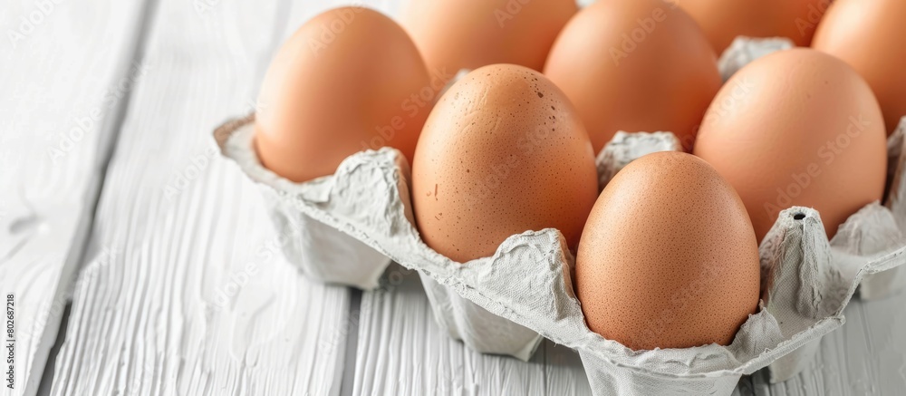 Detailed look at uncooked chicken eggs in egg carton on white wooden surface Detailed look at uncooked chicken eggs in egg carton on white wooden surface