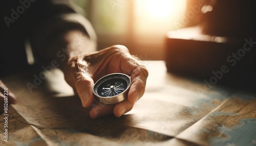 A close-up of an elderly person's hand holding a compass, with an unfocused map and natural light hinting at a journey ahead. photo