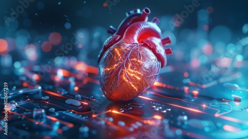 A visually stunning 3D rendering image showing diagnostic tests and screenings for assessing heart health, including cholesterol levels, blood pressure, and stress tests photo