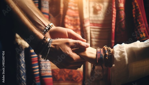 An intimate image of the clasped hands of two people from different cultures, one hand with a simple silver bracelet.