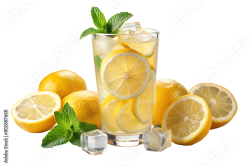 Isolated Glass of Lemonade: A glass of refreshing lemonade isolated on a transparent background, garnished with lemon slices and ice cubes, perfect for summer-themed designs and beverage illustrations photo