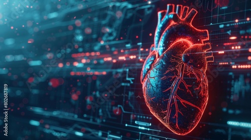 3D rendering image depicting advanced monitoring technologies for continuous assessment of heart function and cardiovascular parameters, including implantable devices and mobile health applications photo