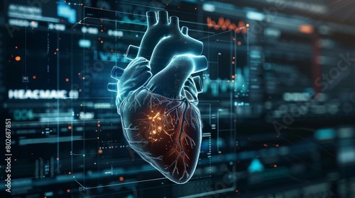 Fototapeta kuchenna 3D rendering image depicting advanced monitoring technologies for continuous assessment of heart function and cardiovascular parameters, including implantable devices and mobile health applications