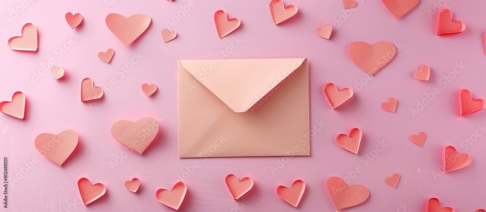 Flat lay image of a love letter envelope surrounded by paper craft hearts on a pink Valentines or anniversary background with empty space for text.