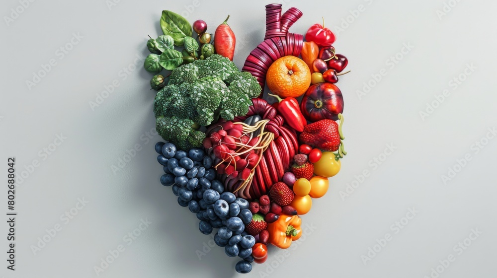 3D rendering image highlighting the importance of balanced nutrition for promoting heart health, including foods rich in omega-3 fatty acids, antioxidants, and fiber