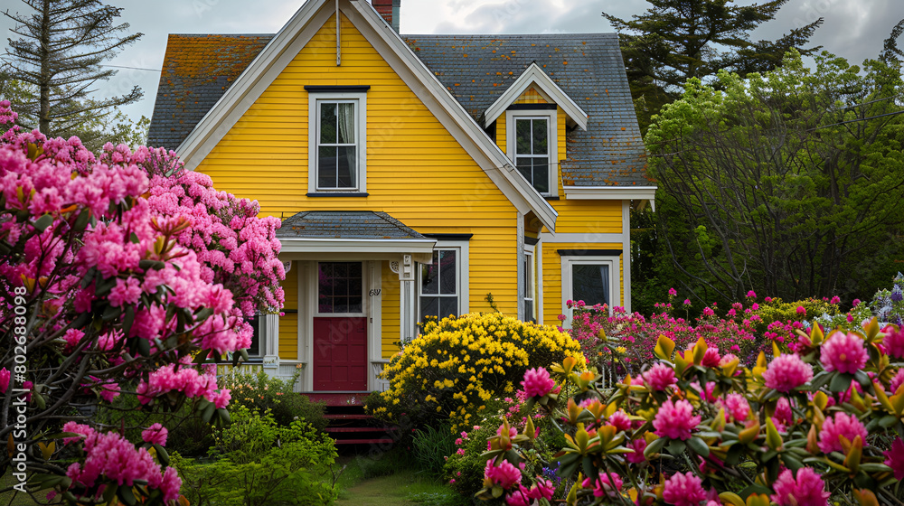Small Yellow house exterior with White picket fence and Decorative Gate,cozy house exterior, with blooming garden and bird feeders visible, Charming Suburban Home:  yellow Traditional Siding
