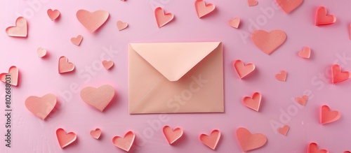 Flat lay image of a love letter envelope surrounded by paper craft hearts on a pink Valentines or anniversary background with empty space for text.