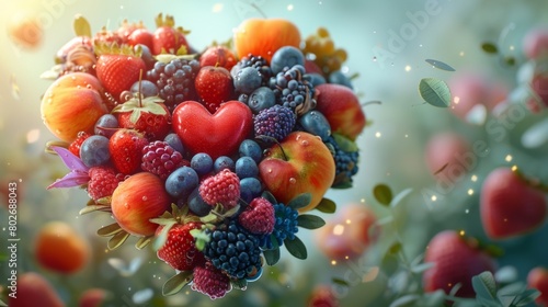 3D rendering image highlighting the importance of balanced nutrition for promoting heart health, including foods rich in omega-3 fatty acids, antioxidants, and fiber photo