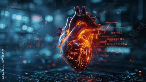 3D rendering image showcasing innovative technologies and devices for monitoring and managing heart health, including wearable sensors, telemedicine platforms, and remote monitoring systems