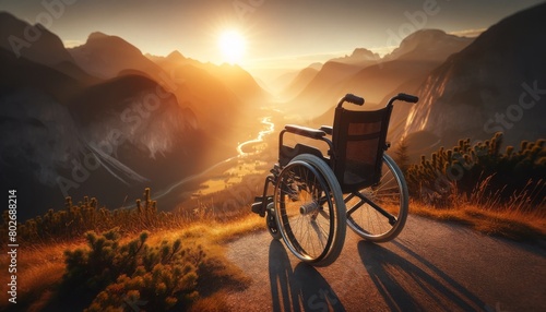 A wheelchair parked on a viewpoint overlooking a valley, with the armrest catching the golden light of the sunset. photo