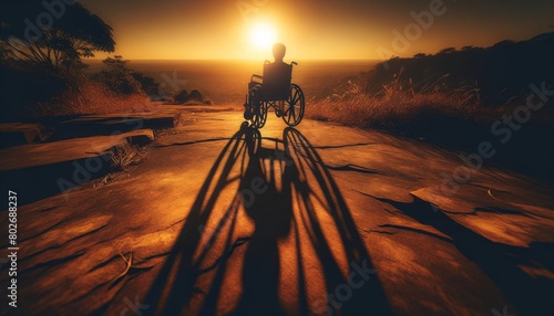 The shadow of a person in a wheelchair stretches out on the ground, cast by the golden light of the setting sun.