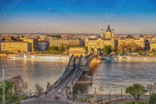 Budapest Hungary, city skyline at Danube River with Chain Bridge and St. Stephen's Basilica photo