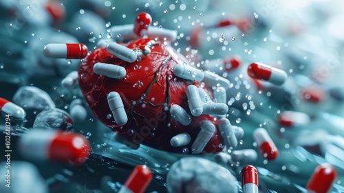 3D rendering image illustrating common medications used in the treatment of heart conditions, including beta-blockers, ACE inhibitors, and statins