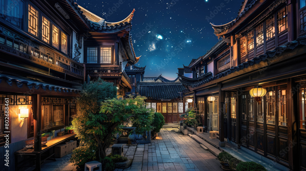 Traditional Chinese architecture, sparkling with twinkling stars