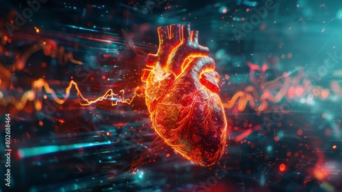 3D rendering image showcasing different cardiac rhythms and arrhythmias, including sinus rhythm, atrial fibrillation, and ventricular tachycardia photo